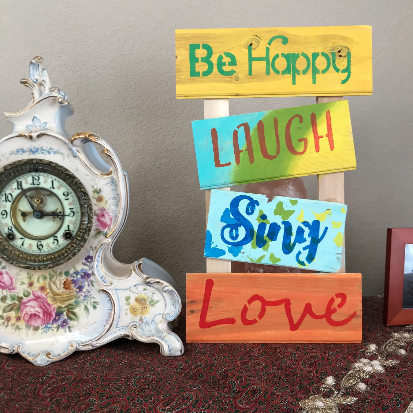 Typography stencil: Be happy, laugh, sing, love