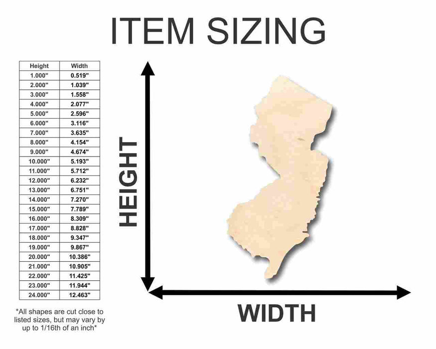Unfinished Wood New Jersey Shape - State - Craft - up to 46" DIY