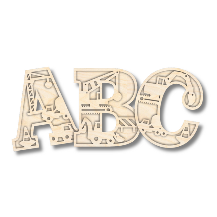 Unfinished Wood Layered Themed Letters | Construction | A-Z | 2 Piece | up to 24"