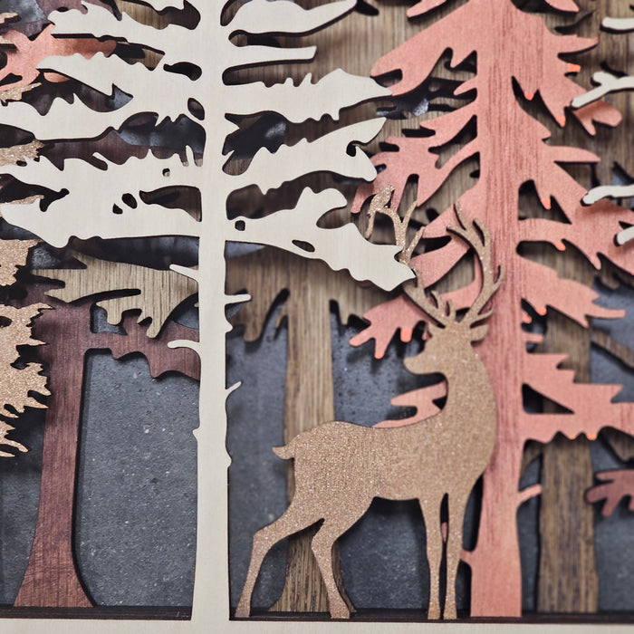 Forest Wall Art | 5-Layer Birch Wood Forest Scene – Unique Laser Engraved Wall Art with Bear and Deer