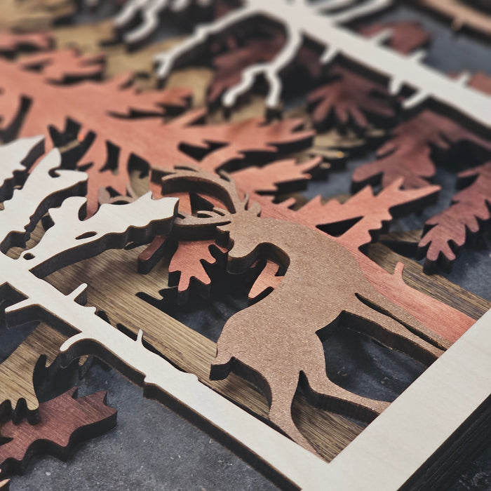 Forest Wall Art | 5-Layer Birch Wood Forest Scene – Unique Laser Engraved Wall Art with Bear and Deer