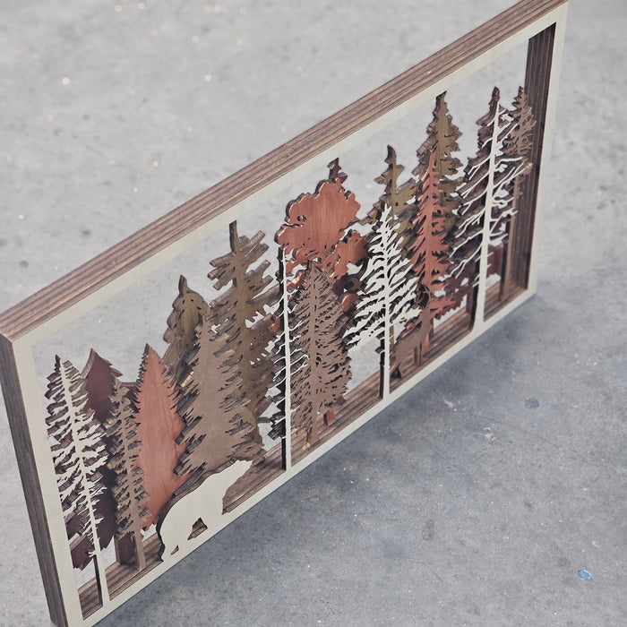 Forest Wall Art | 5-Layer Birch Wood Forest Scene – Unique Laser Engraved Wall Art with Bear and Deer