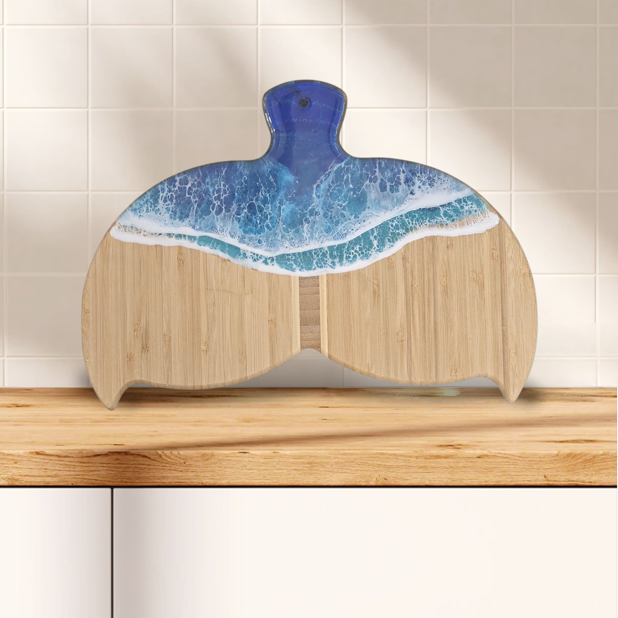 Whale Tail Shaped Bamboo Cutting Board with Ocean Resin Design