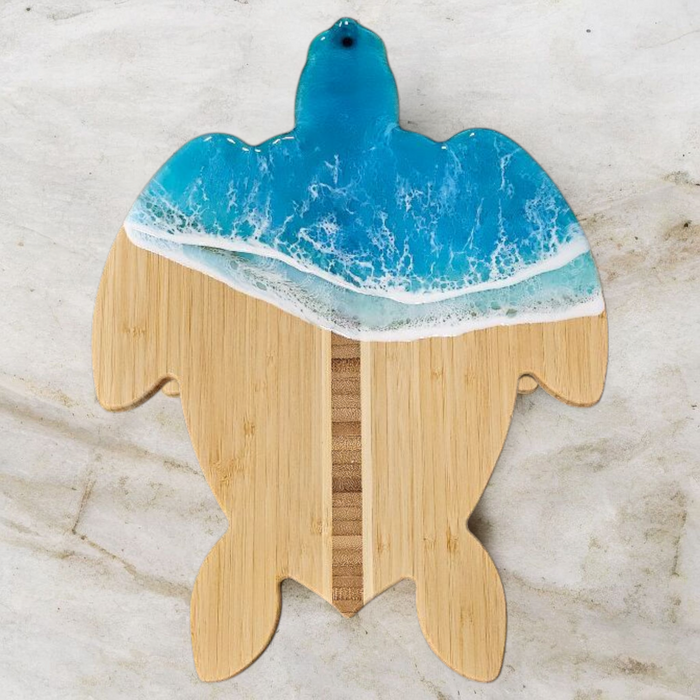 Turtle-Shaped Bamboo Cutting Board with Ocean Resin Design