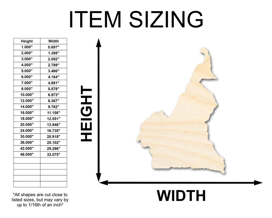 Unfinished Wood Cameroon Country Shape - Central Africa Craft - up to 46" DIY