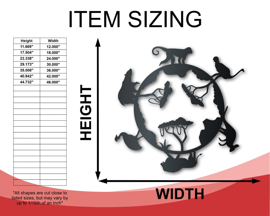Metal World Safari Sign | Metal Zoo Animals Wall Art | Indoor Outdoor | Up to 46" | Over 20 Color Options
