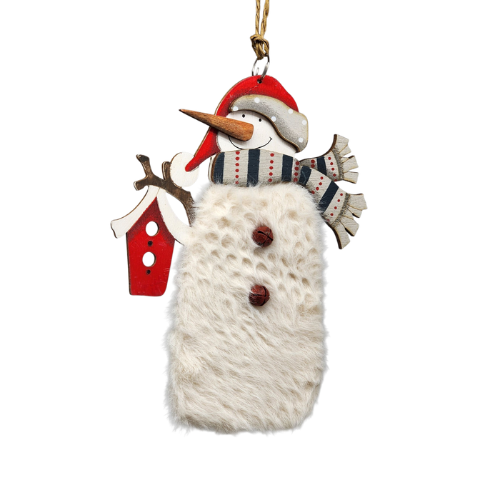 Wood and Fur Snowman Ornament - Holding Birdhouse
