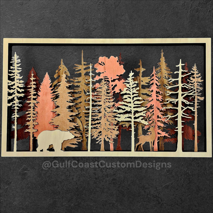 Forest Wall Art | 5-Layer Birch Wood Forest Scene – Unique Laser Engraved Wall Art with Bear and Deer