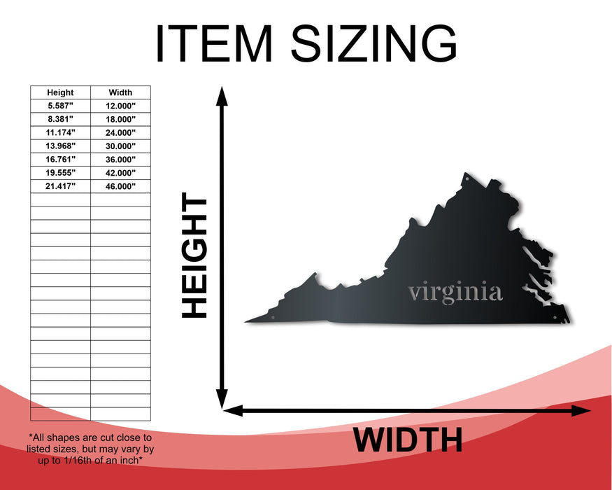 Metal Virginia Wall Art - Custom Metal US State Sign - 14 Color Options